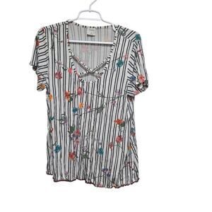 Soma Floral Stripe Cutout Neck Boho Tee Top Medium